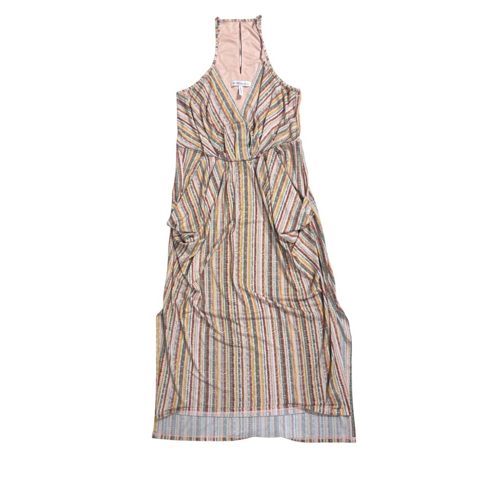 BCBGeneration Womens Multi Color Striped Halter Maxi Dress Pink Yellow Green M